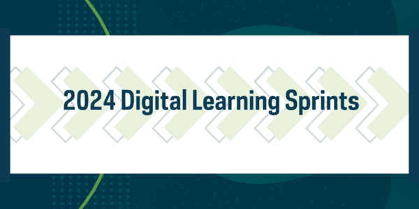 the words "2024 Digital Learning Sprints" in dark blue running over a background of light-green chevron arrows pointing to the right