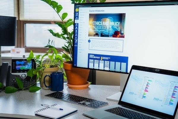 a large computer monitor displaying a course's online contents and a laptop displaying graphs, with a telephone and plants sitting on the desk in the background