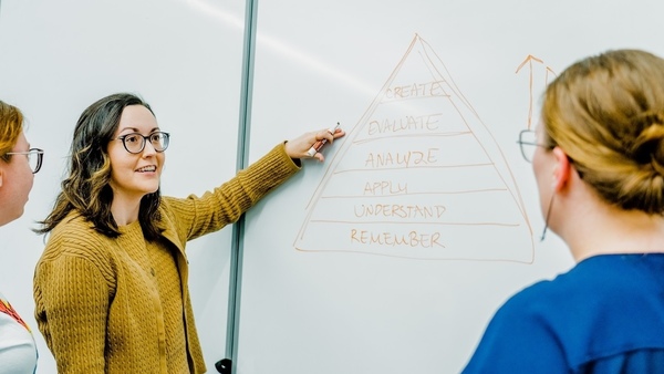 three women stand at a white board, with one gesturing toward a drawing of a pyramid depicting Bloom's Taxonomy of remember, understand, apply, analyze, evaluate, and create