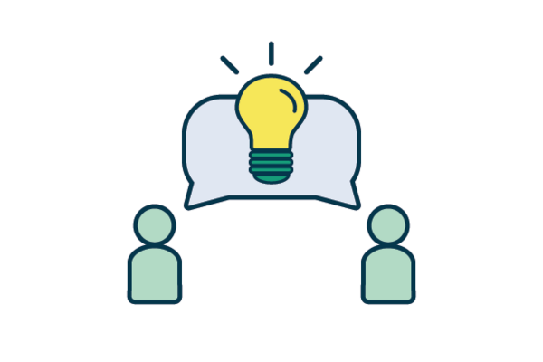 Icon of two people with a large speech bubble above them containing a lightbulb in the center.