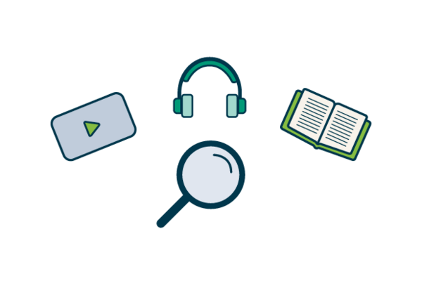 A magnifying glass icon below video player, headphones, and book, icons.