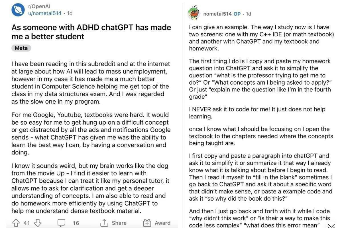 Side-by-side screenshots of comments from users on message boards. The one on the left has written a post titled "As someone with ADHD chatGPT has made me a better student." The one on the right has written a post about using ChatGPT to help with studying and to better understand what is being asked on homework assignments.