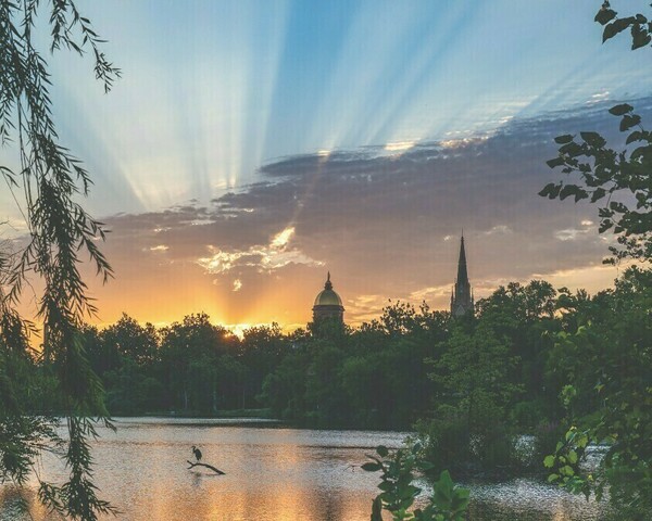 Golden sunrise over Saint Mary's Lake on the campus of the University of Notre Dame. The golden dome of the Main Building and Basilica spire are silhouetted against the sun's rays, which beam out from behind the dome. A lone bird stands on a branch in the lake.