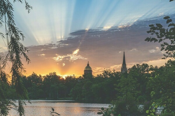 Golden sunrise over Saint Mary's Lake on the campus of the University of Notre Dame. The golden dome of the Main Building and Basilica spire are silhouetted against the sun's rays, which beam out from behind the dome. A lone bird stands on a branch in the lake.