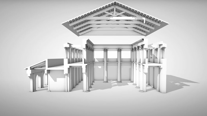 A black-and-white, 3D illustration of an ancient Roman courthouse/meeting hall space, with the roof lifted off.