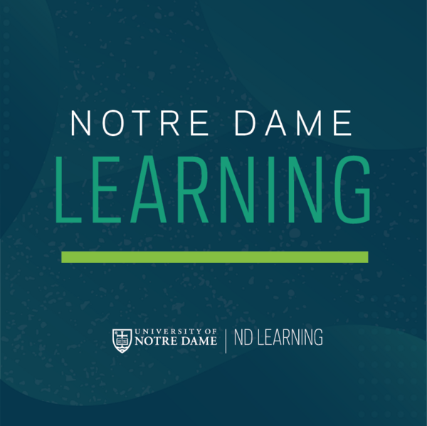 the Notre Dame Learning logo, featuring a bluish-green background and the words "Notre Dame" written in white, "Learning" in a medium shade of green, and a horizontal bar in a lighter green