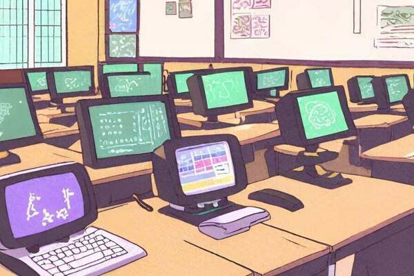 an AI-generated, anime-style illustration of rows of computers in a classroom