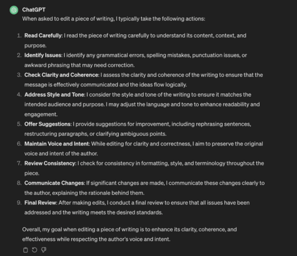 Screenshot of ChatGPT-3.5 that explains the steps taken when asked to edit writing.