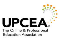 The UPCEA logo, which features that acronym in large letters above the tagline: The Online & Professional Education Association. Orange, green, and gray circles form a curved shape to the right of the UCPEA acronym.