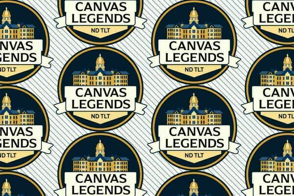 Repeating pattern of circular Canvas Legends logos.  A gold and blue graphic of the Main Building at the University of Notre Dame is above a cream banner with "Canvas Legends" in blue text. Below the banner is "ND TLT" also in blue text. The background is a repeating diagonal pinstripe pattern in navy and white.