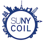 SUNY COIL logo featuring a circular border of dark blue global landmark silhouettes, including the Statue of Liberty and the Eiffel Tower.