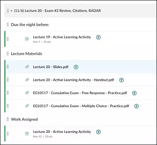 LMS course module for Lecture 20 - Exam #2 Review, Citations, RADAR, showing assignment deadlines and lecture materials. The Lecture 20 - Slides.pdf link is highlighted.