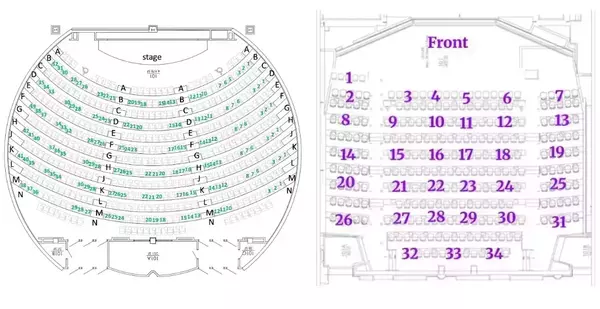 Two classroom seating maps. The left, depicting a large auditorium, shows rows A-N with seats numbered individually in green; unnumbered seats are between groups of numbered seats. The right, depicting a smaller classroom, displays numbered sections 1-34.