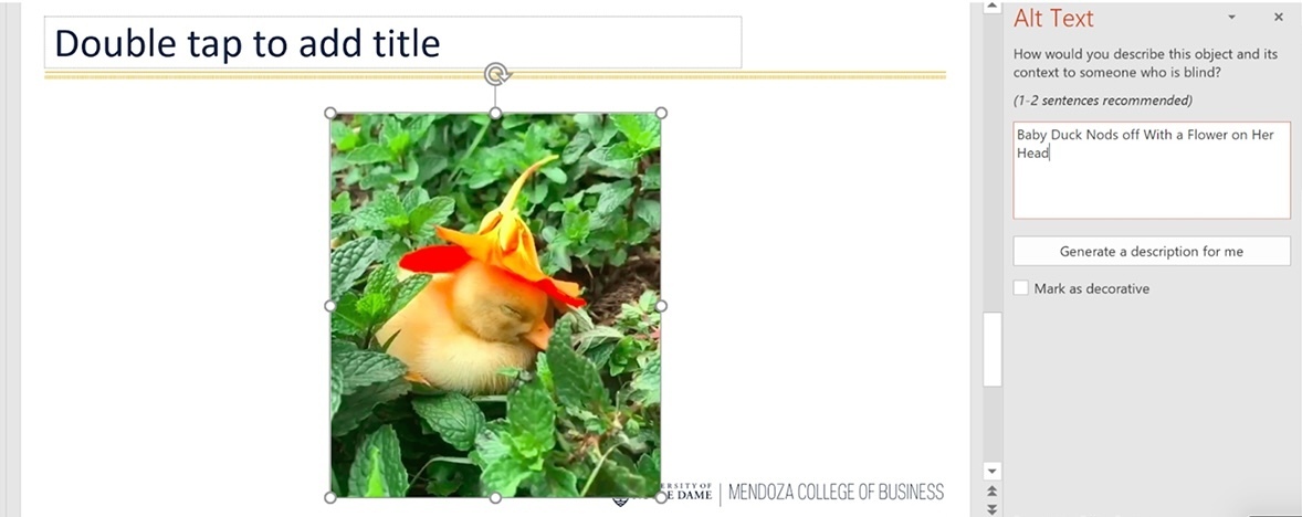 A screenshot of a window in Microsoft PowerPoint prompting the user to enter Alt Text, i.e., a description of the selected image for someone who is blind. The PowerPoint slide itself has a photo of a yellow duckling sleeping nestled in green foliage, with a red and orange flower on its head.