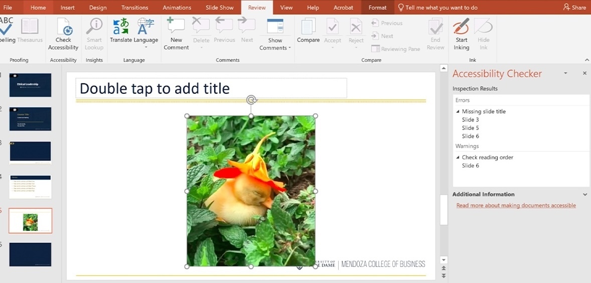 A screenshot of an open Accessibility Checker window found under the Review menu in Microsoft PowerPoint. The checker displays a list of inspection results, including the numbers of several slides missing titles. The PowerPoint slide itself has a photo of a yellow duckling sleeping nestled in green foliage, with a red and orange flower on its head.