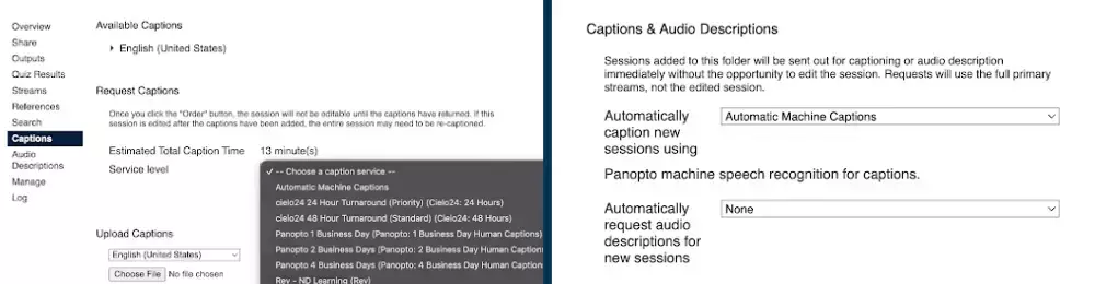 Side-by-side screenshots depicting two different ways to order video captions in Panopto. On the left, a dropdown menu for an individual video shows several options, including Automatic Machine Captions. On the right, a dropdown menu for a folder shows Automatic Machine Captions selected for all videos in that folder.