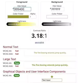 A screenshot of a contrast checker tool displaying a check of a greenish-yellow color against a white background, yielding a 3.18:1 contrast ratio. Normal text fails WCAG AA/AAA. Large text and graphic elements pass WCAG AA.