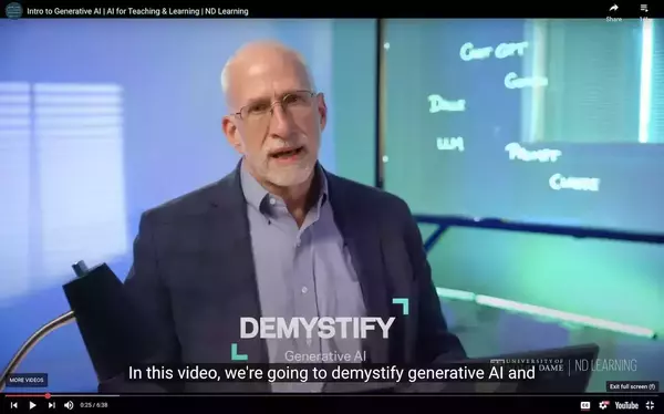 A screenshot of a YouTube video, where a man in a blue blazer and glasses speaks in front of a lightboard listing the names of various AI platforms. The phrase Demystify Generative AI is displayed on the screen, and the close captioning window shows that the man is currently saying: In this video, we're going to demystify generative AI.