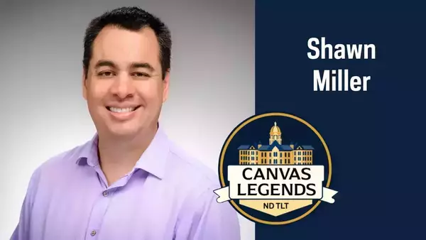 A headshot of Shawn Miller next to his name (top) and the Canvas Legends logo (below), which features Notre Dame's Main Building.