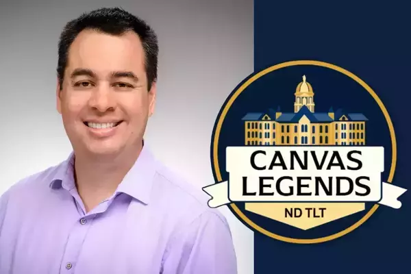 A headshot of Shawn Miller next to the Canvas Legends logo, which features Notre Dame's Main Building.