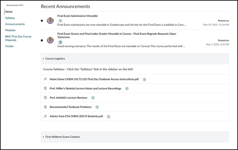 Canvas course home page displaying recent announcements and a course logistics module for Notre Dame CHEM 10172 S25.