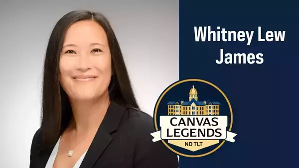 A headshot of Whitney Lew James next to her name (top) and the Canvas Legends logo (below), which features Notre Dame's Main Building.