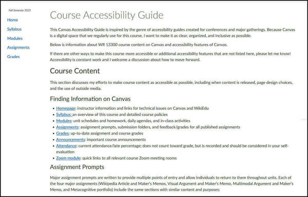 A screenshot of a Course Accessibility Guide webpage within a course on Canvas. Navigation links are in the upper left corner. In the main body text on the right, there is an introduction to the guide followed by a section on Course Content, which includes subsections on Finding Information on Canvas and Assignment Prompts.