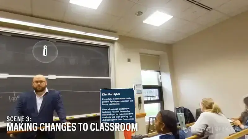 A screenshot of the neurodiversity VR experience video. An instructor stands in front of a classroom chalkboard while students look on. There are three text overlays on the screen: the scene title (Scene 3: Making Changes to Classroom), an info button icon, and a text box explaining advantages of dimming the lights.