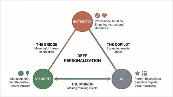 Deep Personalization as a triangle connecting instructor, student, and AI. The instructor represents professional intuition, empathy, and instructional decisions; the student represents metacognition, self-regulation, and active agency; and AI represents pattern recognition, real-time signals, and data processing. The triangle highlights three relationships: The Bridge for meaningful human connection between instructor and student, The Copilot for expanding mental space between instructor and AI, and The Mirror for making thinking visible between student and AI.