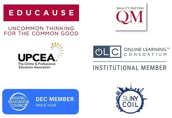 Logos for six organizations: EDUCAUSE, Quality Matters, UPCEA, the Online Learning Consortium, the Digital Education Council, and SUNY COIL