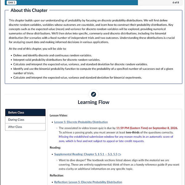 Canvas page for Foundation of Statistics Chapter 5 - Discrete Probability Distribution, which shows learning objectives and flow
