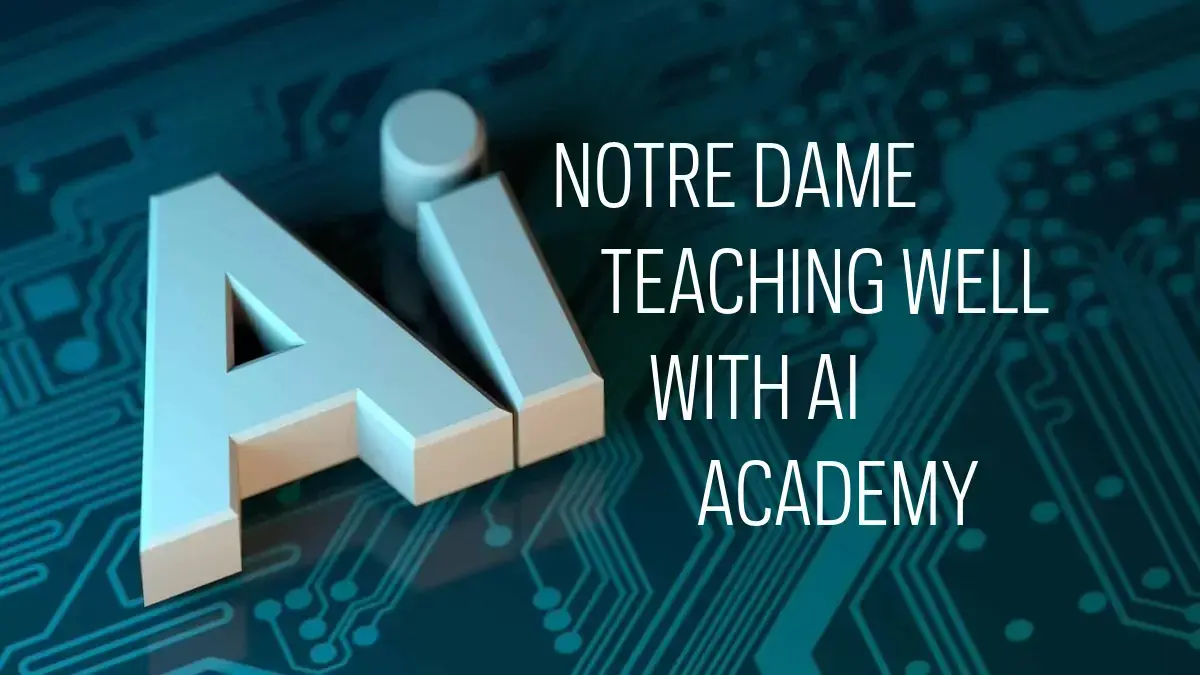 The name Notre Dame Teaching Well with AI Academy written next to two building blocks spelling Ai sitting atop an image of a computer circuit board