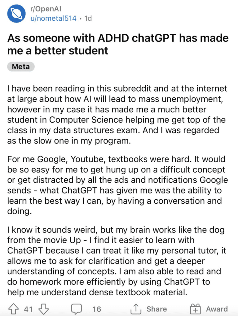 Screenshot from social media app, Reddit, explaining how ChatGPT improved a computer science student's study habits.