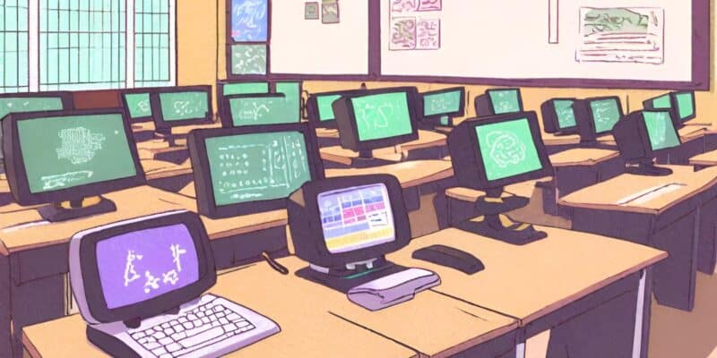 an AI-generated, anime-style illustration of rows of computers in a classroom